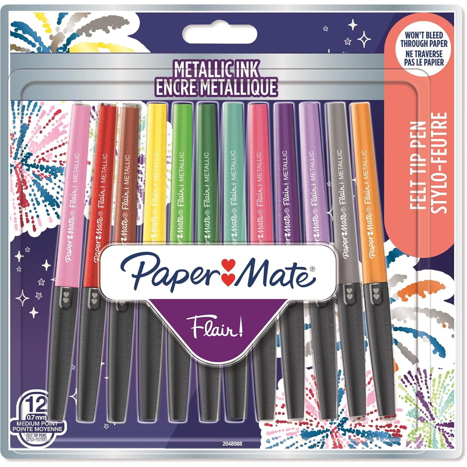 Paper Mate Flair Metallic Glitter Felt Tip Pens, 12 Assorted Shiny Colors